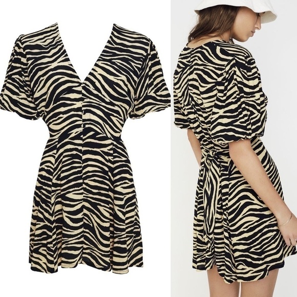 Faithfull Dress Ilia Animal Tie Mini Amaia Zebra Print Pale Yellow M 6 NWT - Picture 15 of 15